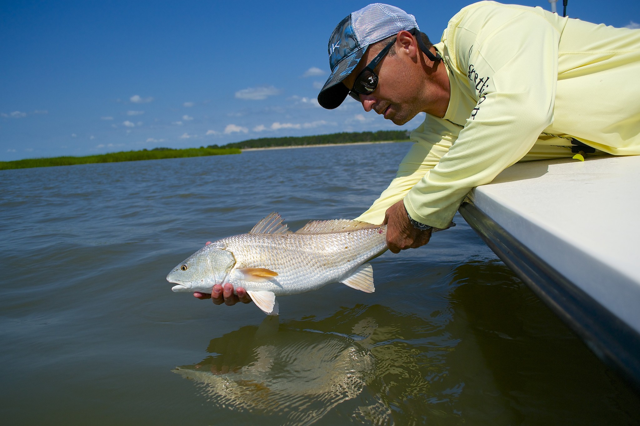Angler releasing redfish back into the water
